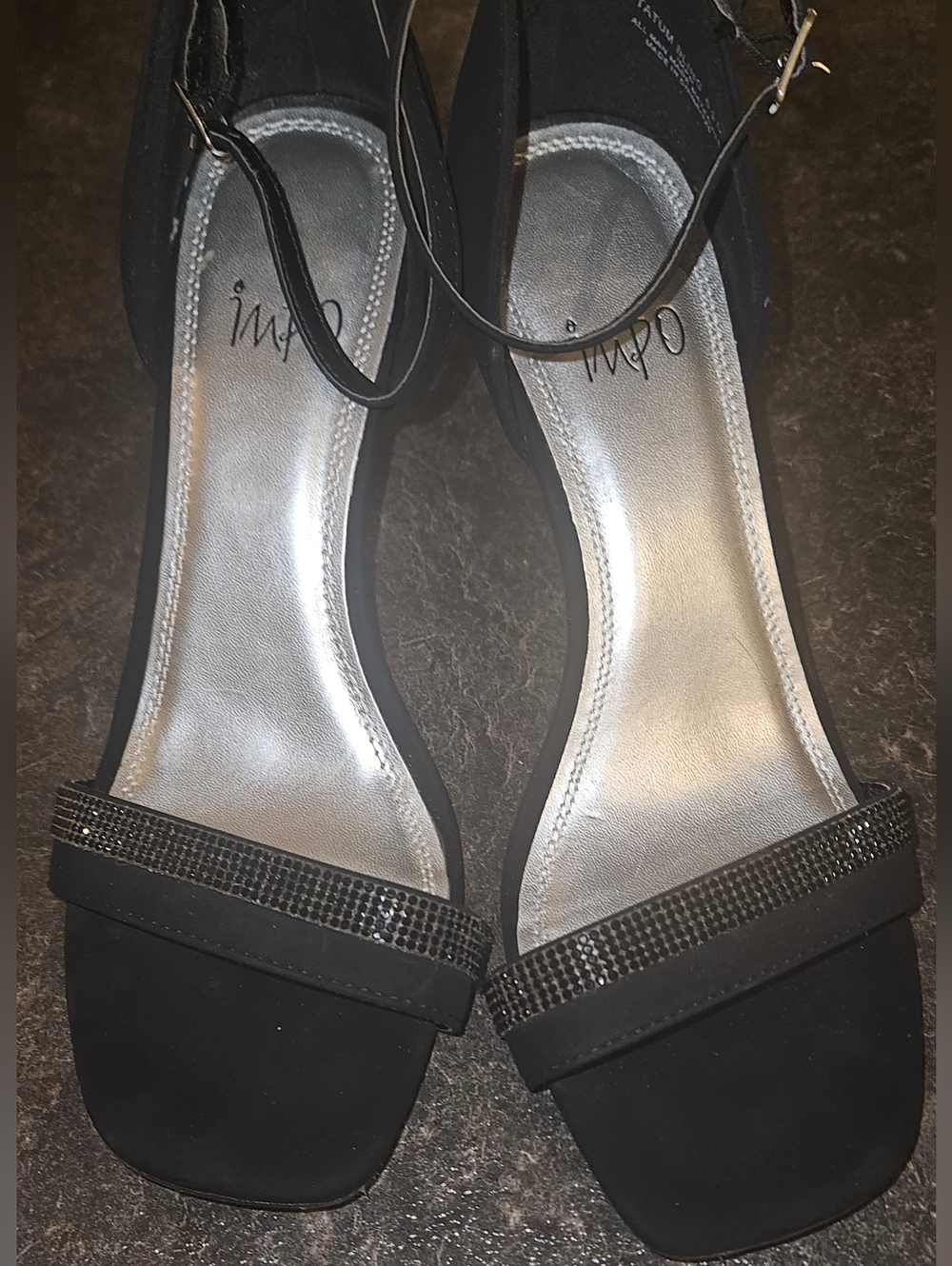 Impo Black Strappy Heeled Sandals with Rhinestone Band